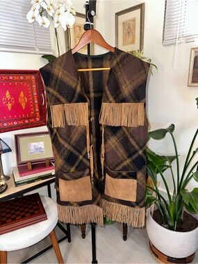 Vintage 70s Pioneer Wear Plaid Wool Fringe Vest Suede Pockets Western